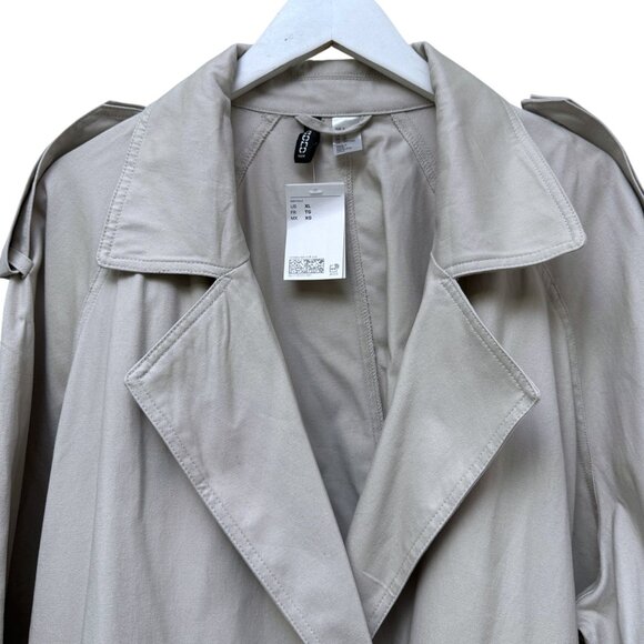 H&M Short Trench Coat XL Khaki Beige Cotton Womens Jacket Peacoat NWT - Picture 3 of 10